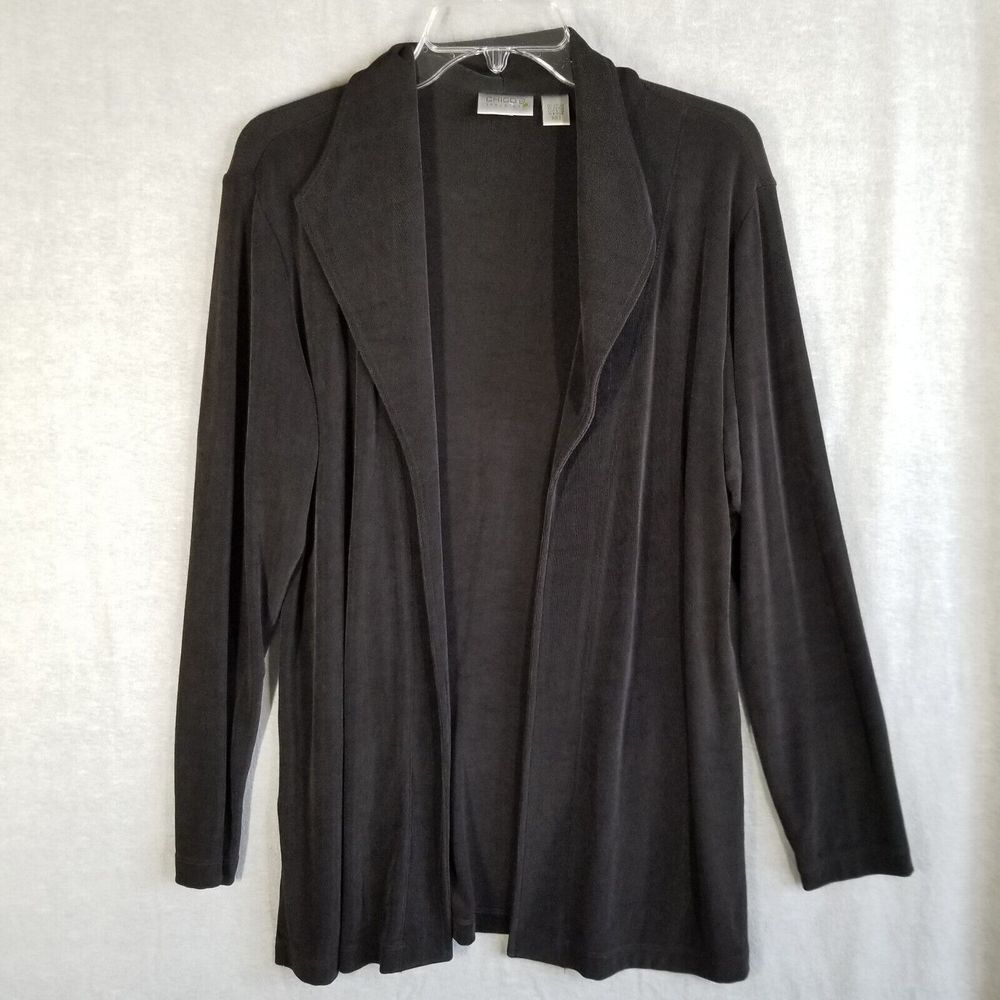 Chicos Travelers Women's Size 2 Black‎ Open Front Drapey Cardigan Slinky Acetate